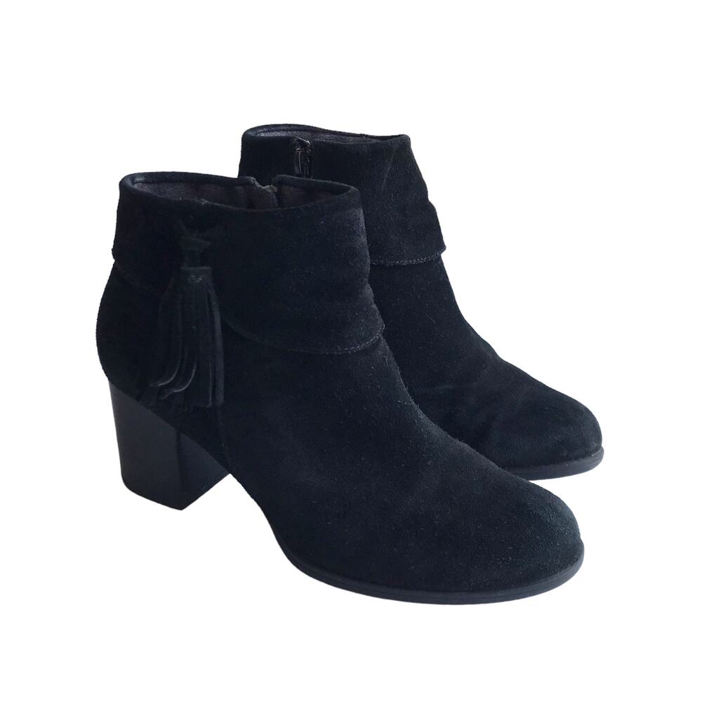 Born Mauvide Suede Ankle Booties Size 8.5 Tassel Chunky Block Heels Boots F11709